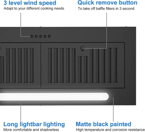 JOEAONZ Range Hood Insert 30 Inch 600 CFM Matte Black Built-in Extractor
