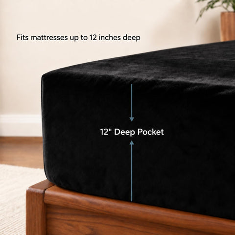 Cathay Home Queen Size Flannel Plush Fitted Sheet Only, Black