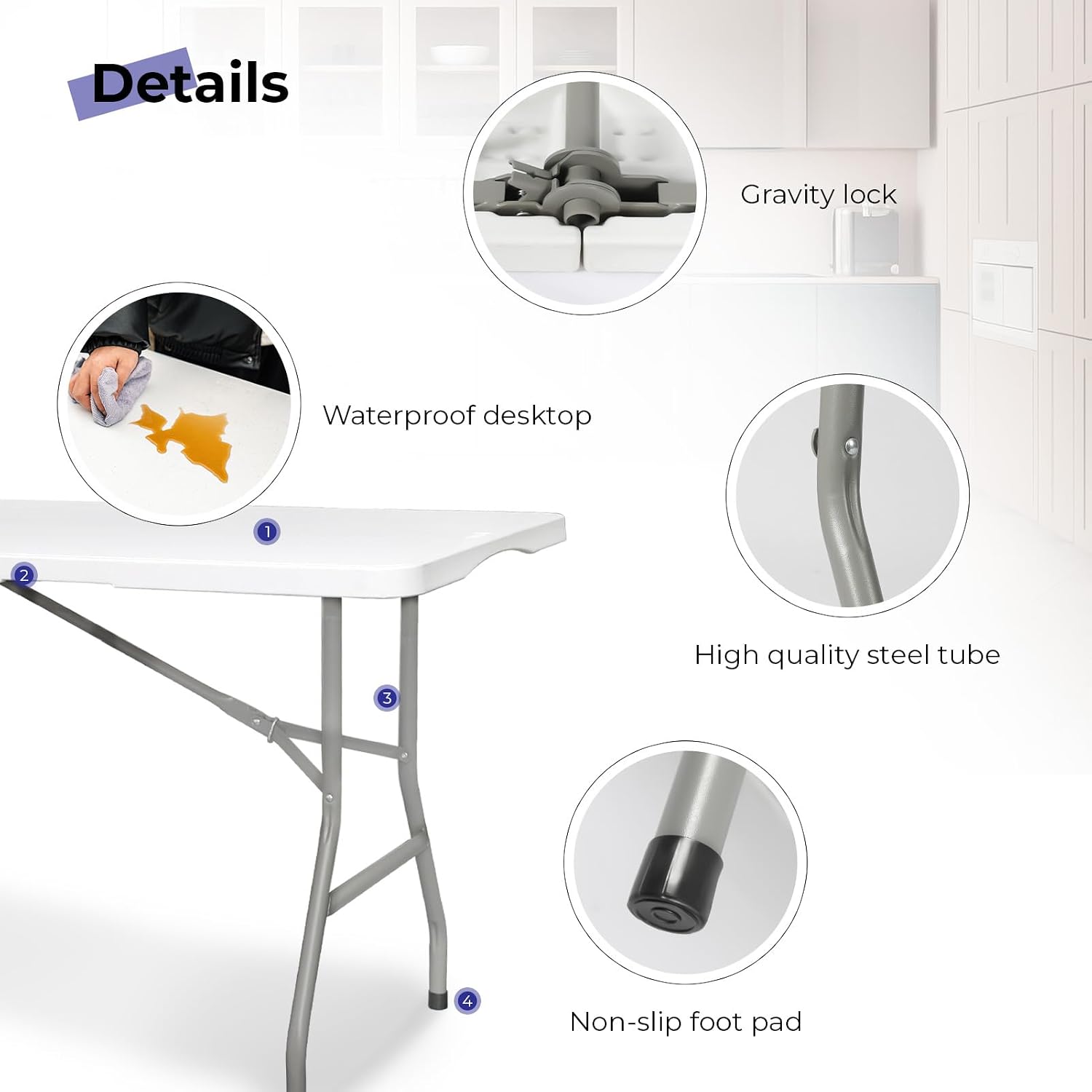 Folding Table 6ft, Heavy Duty Plastic Fold-in-Half Utility Table, White