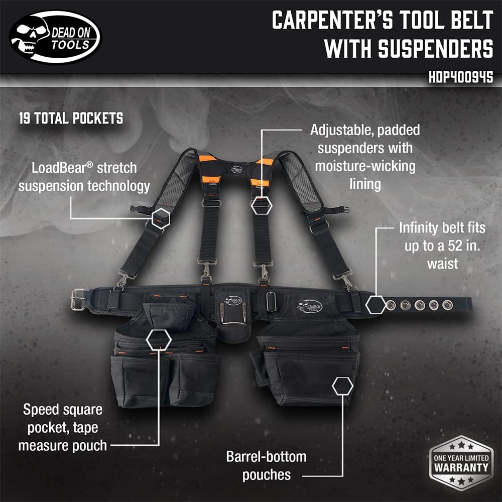 Dead On Tools - 1680 Denier Poly Carpenter’s Tool Belt with Suspenders (HDP400945) , Black