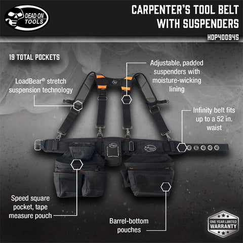 Dead On Tools - 1680 Denier Poly Carpenter’s Tool Belt with Suspenders (HDP400945) , Black