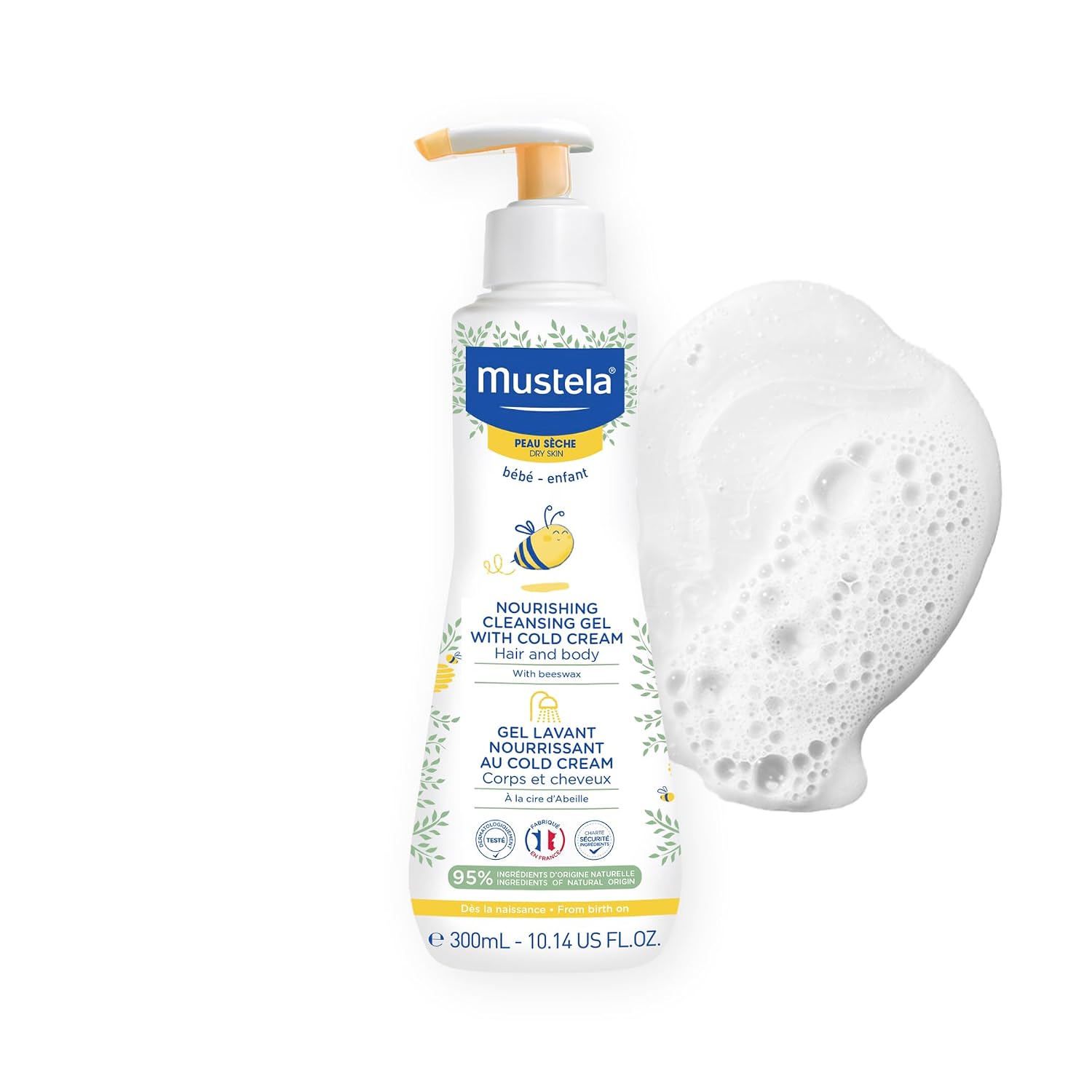 Mustela Baby Nourishing Cleansing Gel – Hair & Body Wash for Dry Skin - with Natural Avocado, Cold Cream & Beeswax - 10.14 fl. oz.