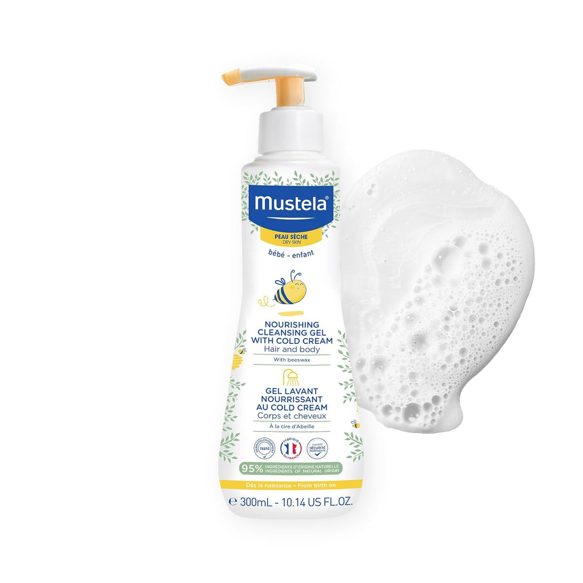 Mustela Baby Nourishing Cleansing Gel – Hair & Body Wash for Dry Skin - with Natural Avocado, Cold Cream & Beeswax - 10.14 fl. oz.
