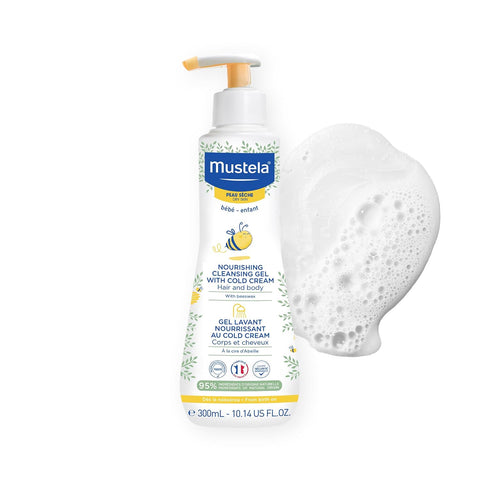 Mustela Baby Nourishing Cleansing Gel – Hair & Body Wash for Dry Skin - with Natural Avocado, Cold Cream & Beeswax - 10.14 fl. oz.