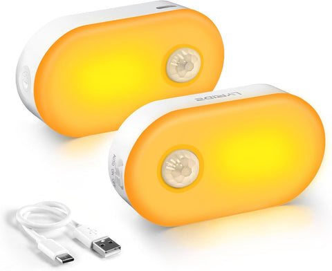 Lyridz Rechargeable Night Light with Motion Sensor, Dimmable Amber Nightlights for Bathroom, Bedroom, Kids Room, Hallway, Stairs, Pet House, 2 Pack