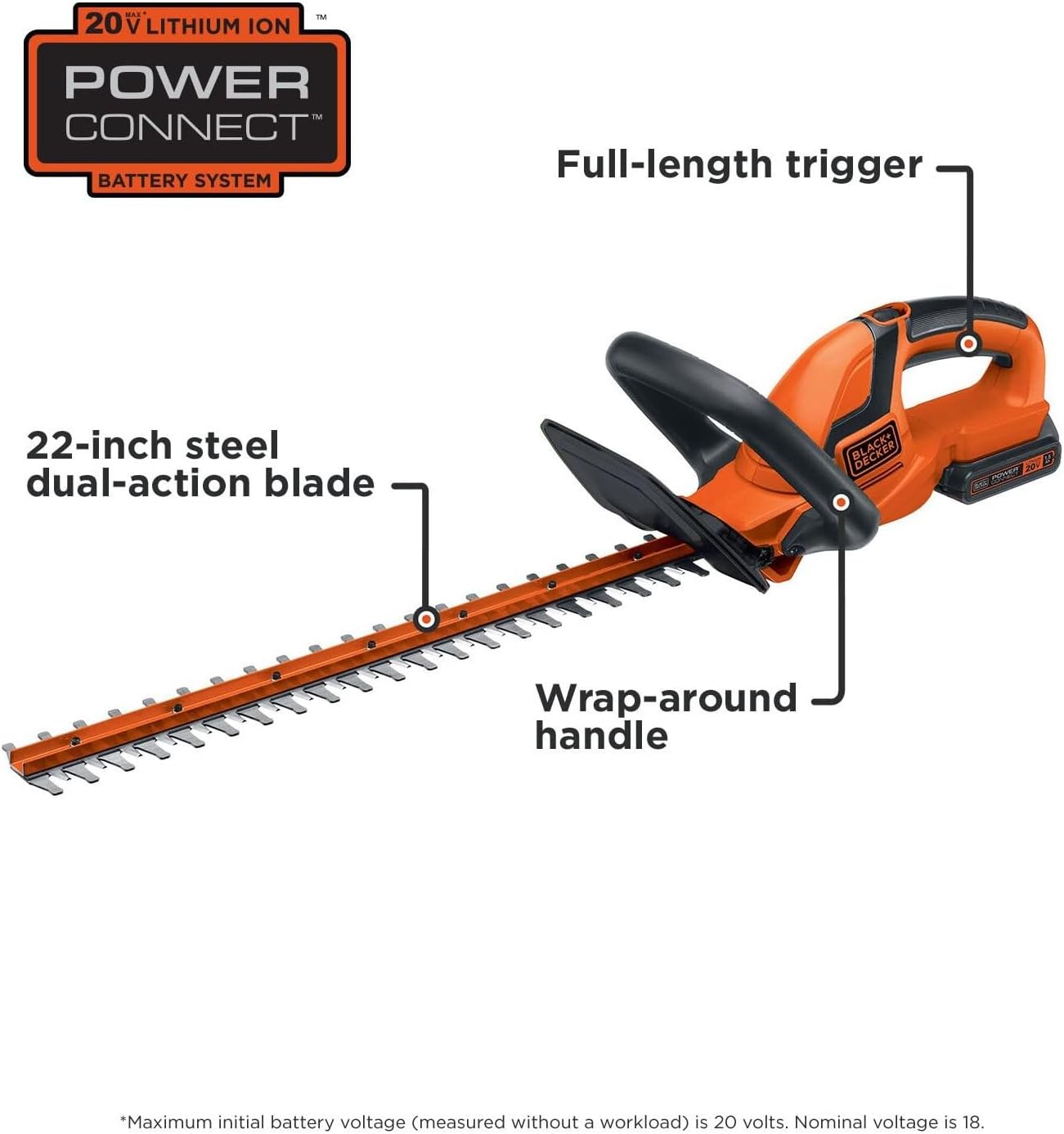 BLACK+DECKER 20V MAX Cordless Hedge Trimmer, Battery and Charger Included, 22 Inch Steel Blade Lightweight Bush Trimmer, Soft Grip, Less Vibration (LHT2220)