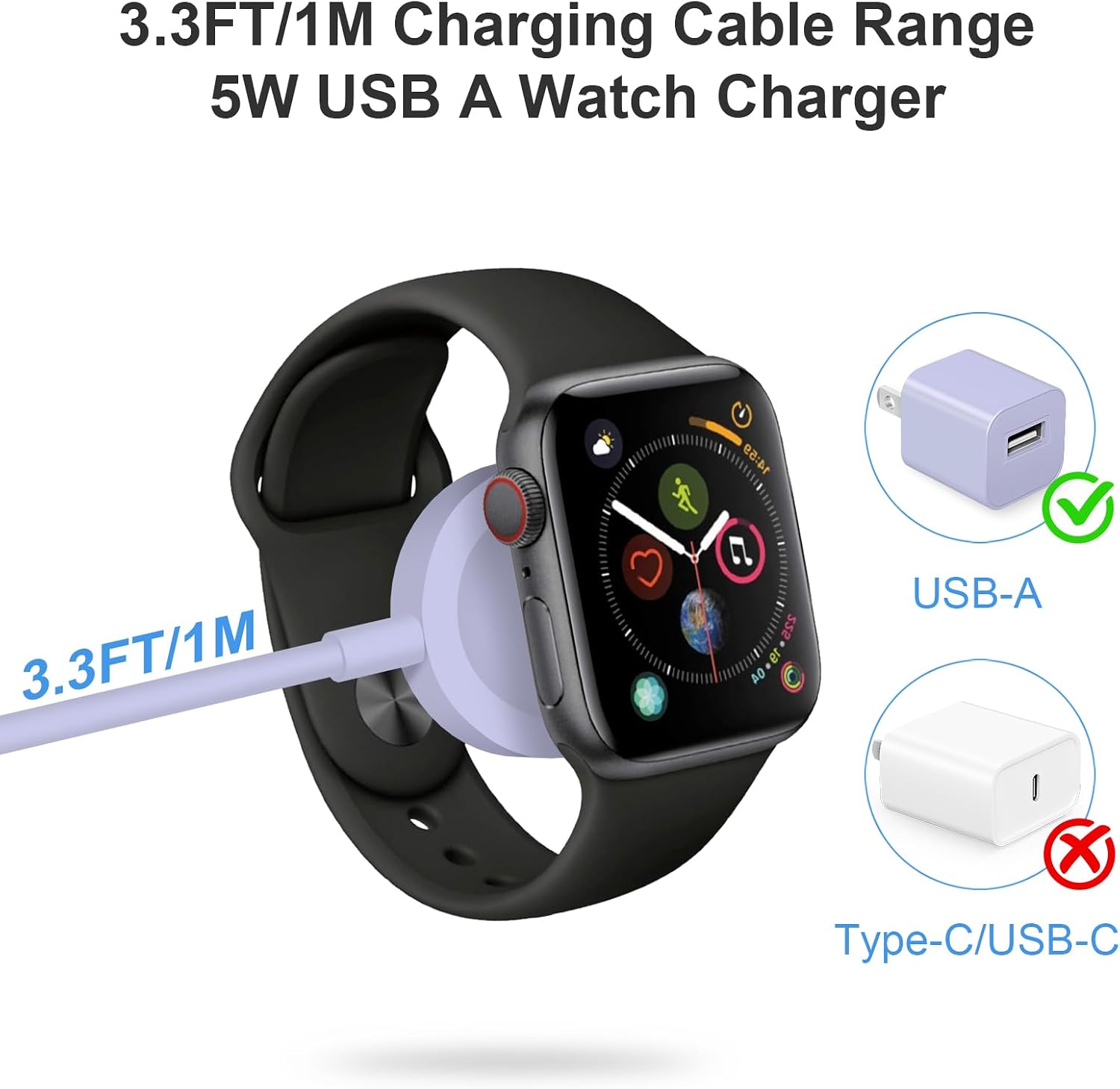 Fast Charger for Apple Watch Charger, 3.3FT USB A iWatch Charger, Purple