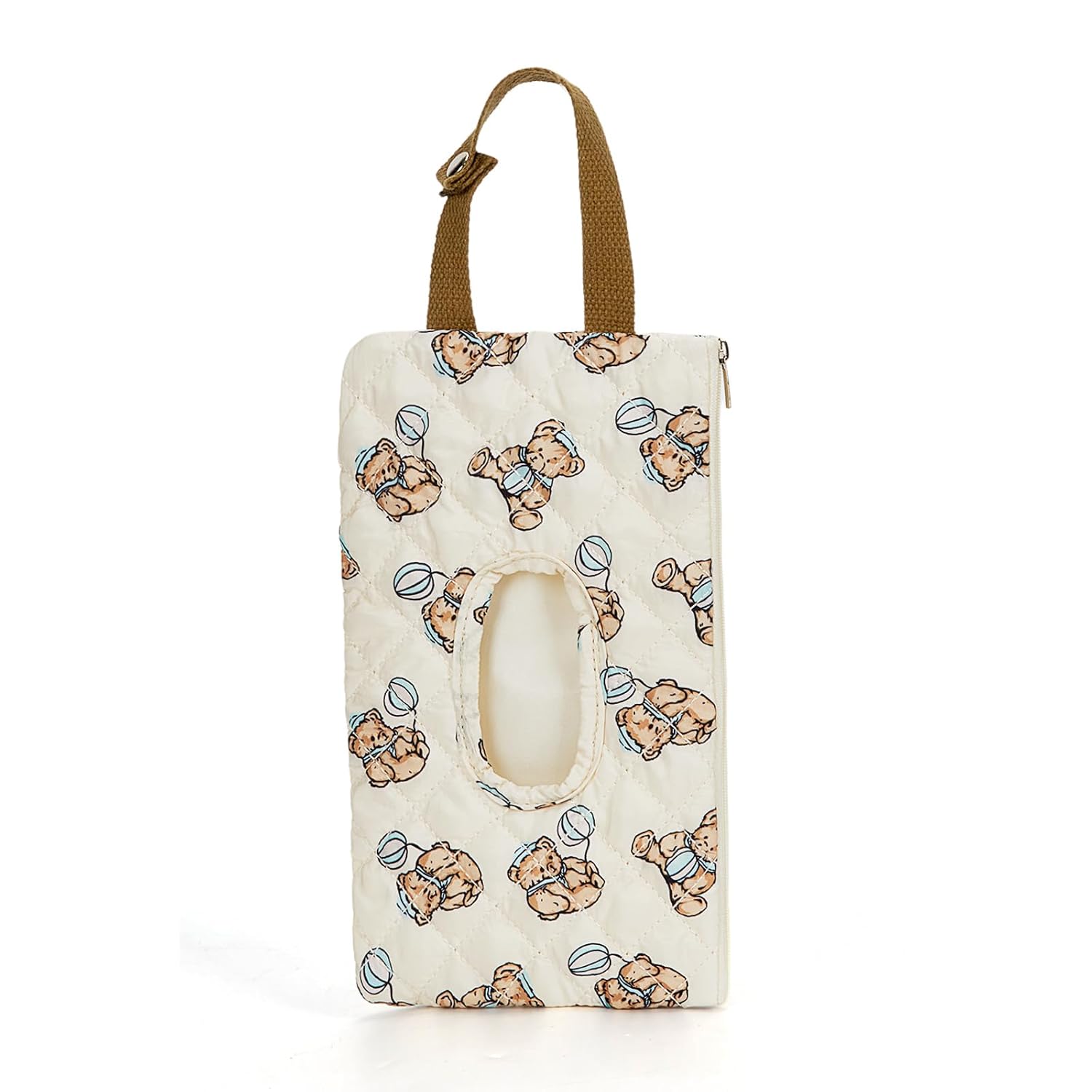 Quilted Baby Wipe Holder Quilted Wipe Pouch Portable Hanging Floral Wet Wipes Bag for Car, Stroller (Bear 2)