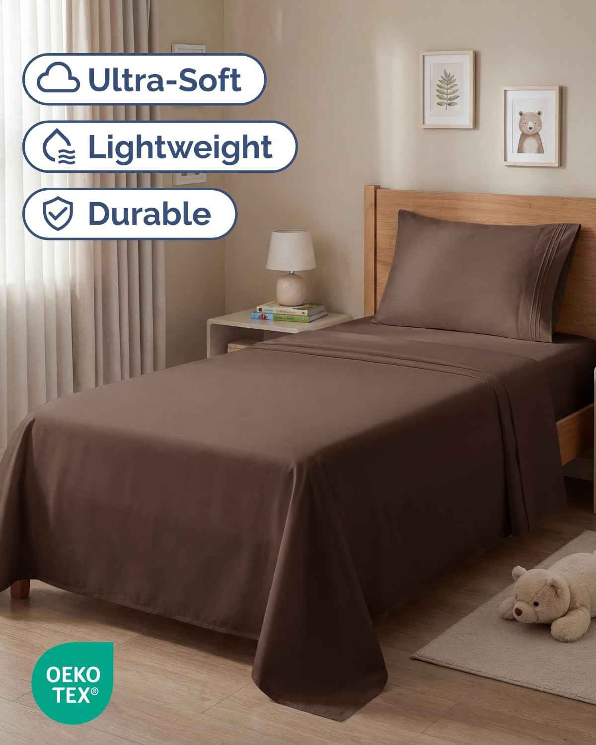 Twin Size 3 Piece Sheet Set - Comfy Breathable & Cooling Sheets - Brown