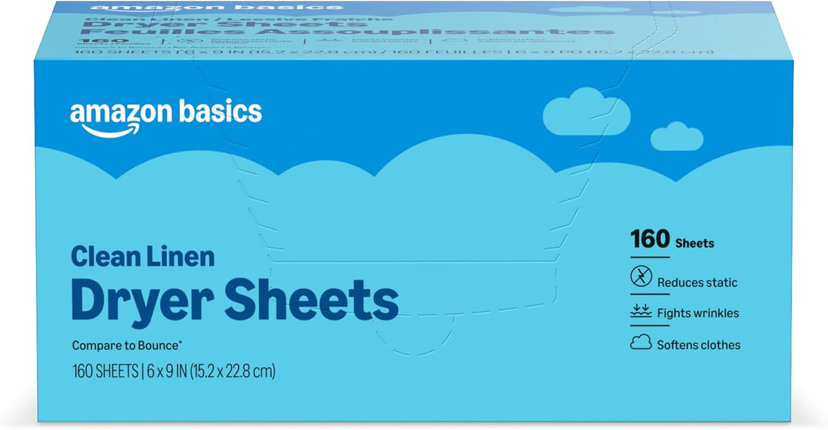 Amazon Basics Dryer Sheets Laundry Fabric Softener, Clean Linen Scent, Reduces Static, Fights Wrinkles, Softens Clothes, 160 Count