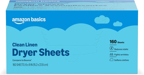 Amazon Basics Dryer Sheets Laundry Fabric Softener, Clean Linen Scent, Reduces Static, Fights Wrinkles, Softens Clothes, 160 Count