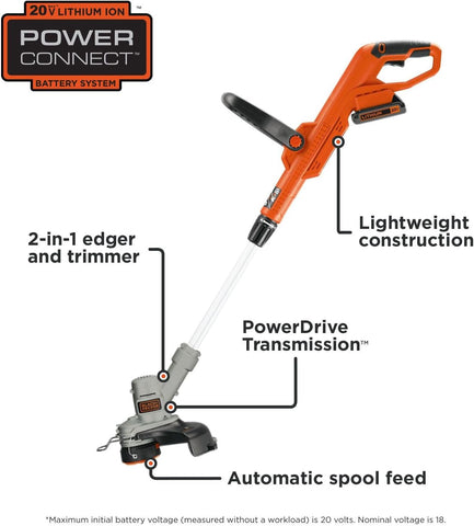 BLACK+DECKER 20V MAX String Trimmer and Edger 2 in 1, Cordless Weed Wacker with Auto Spool Feed, Battery and Charger Included, 12 Inch Steel Deck, Reduced Vibration (LST300)