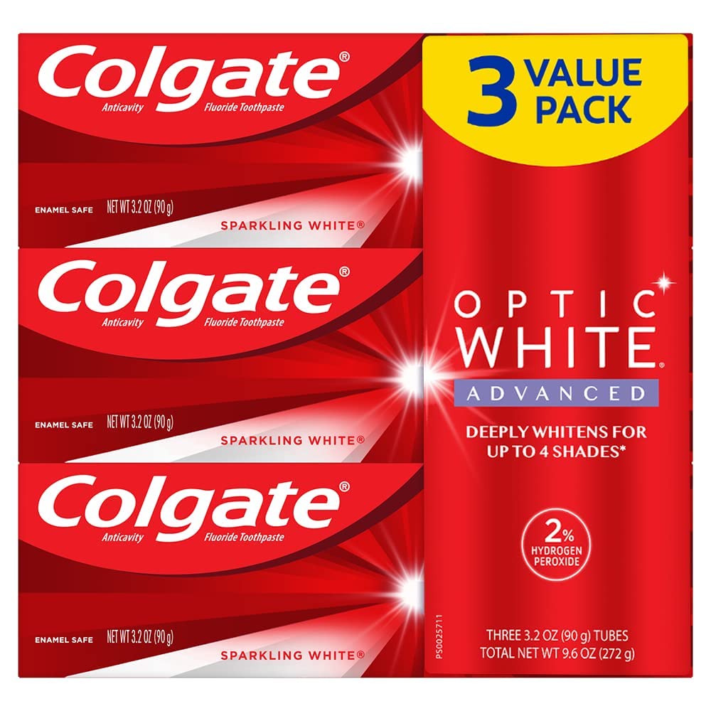 Colgate Optic White Advanced Hydrogen Peroxide Toothpaste, Teeth Whitening Toothpaste Pack, Enamel-Safe Formula, Helps Remove Tea, Coffee, and Wine Stains, Sparkling White, 3 Pack, 3.2 oz