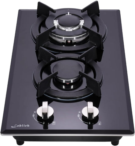 12-inch Gas Cooktop, 2 Burners Built-in Gas Stove Top, Max 12250BTU NG/LPG Convertible Tempered Glass Cooktops, RV, Apartment
