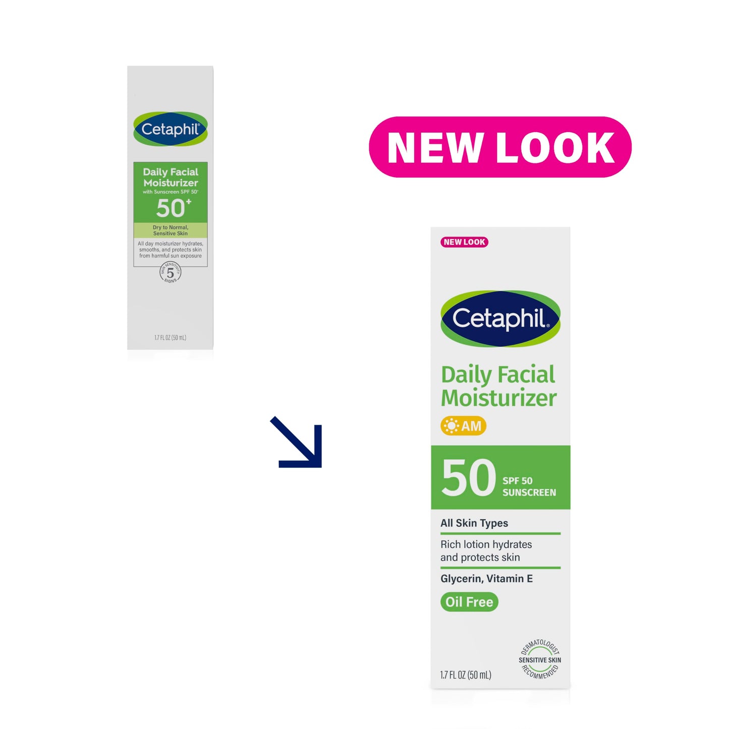 Cetaphil Daily Facial Moisturizer SPF 50, 1.7 Fl Oz (Pack of 2), Gentle Facial Moisturizer For Dry to Normal Skin Types, No Added Fragrance, Dermatologist Recommended (Packaging May Vary)