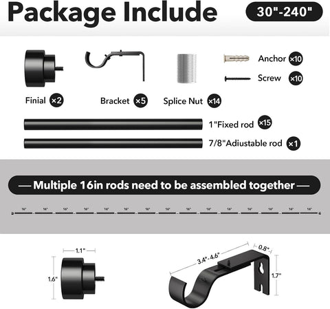 Extra Long Curtain Rods for Windows 32 to 240 Inch, 1 Inch Black Heavy Duty Curtain Rods for Patio, Farmhouse, Bedroom, Living Room, Adjustable Metal Drapery Rod (A1,Black,32"-240")