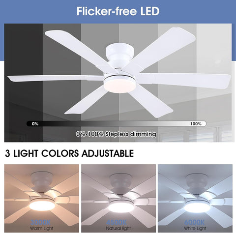 Asyko 52" White Modern Low Profile Ceiling Fan with LED Light and Remote