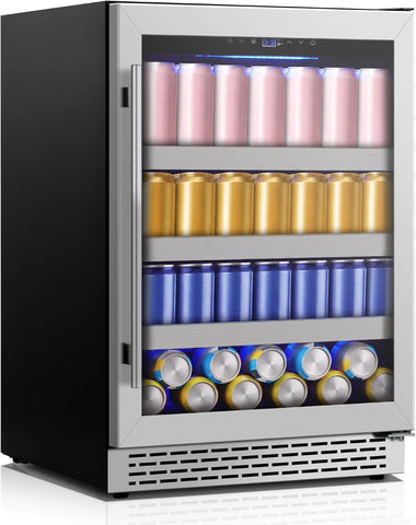 24 Inch Beverage Refrigerator,190 Cans Freestanding/Under Counter Beverage Fridge with Glass Door,Air Cooling Wine Beverage Cooler with Reversible Door,Memory Function for Wine,Beer and Soda