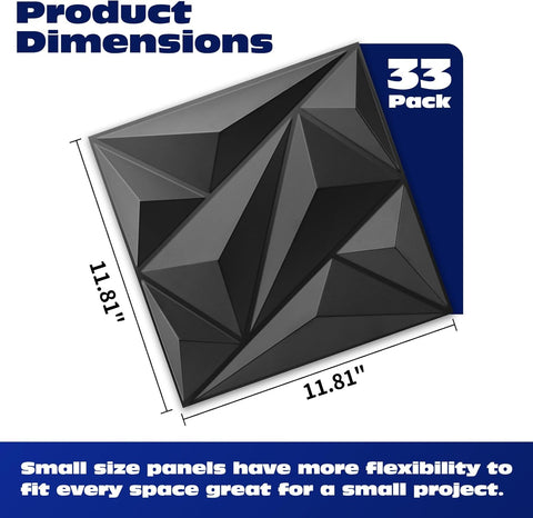 Art3dwallpanels 33 Pack 3D Wall Panels Diamond, Black, 12''x12''