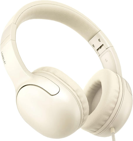 LORELEI E5 Wired Headphones for Kids Foldable & 3.5mm Jack Tangle Free Nylon Wire Stereo On Ear Headsets for Kids/Children/School/Tablet/Ipad/Kiddle/Plane (Beige White)