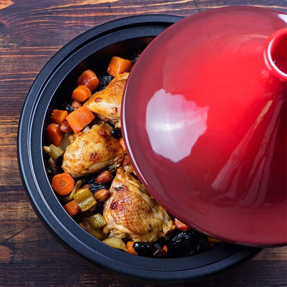 Kook Moroccan Tagine, Enameled Cast Iron Cooking Pot, 3.3 Qt, Crimson