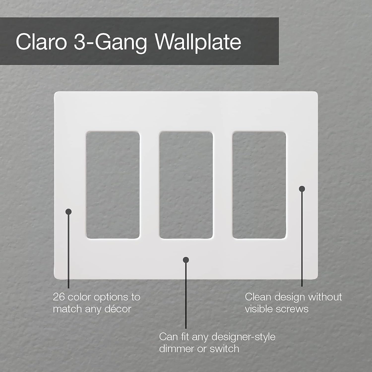 Lutron Claro Black Light Switch Cover Plate, 3-Gang Screwless Wall Plate for Rocker Light Switches, Outlet Cover, Gloss CW-3-BL
