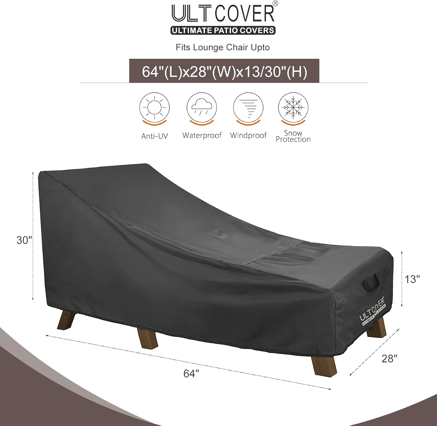 ULTCOVER Outdoor Chaise Lounge Cover 2 Pack, 64L x 28W x 30H in, Black
