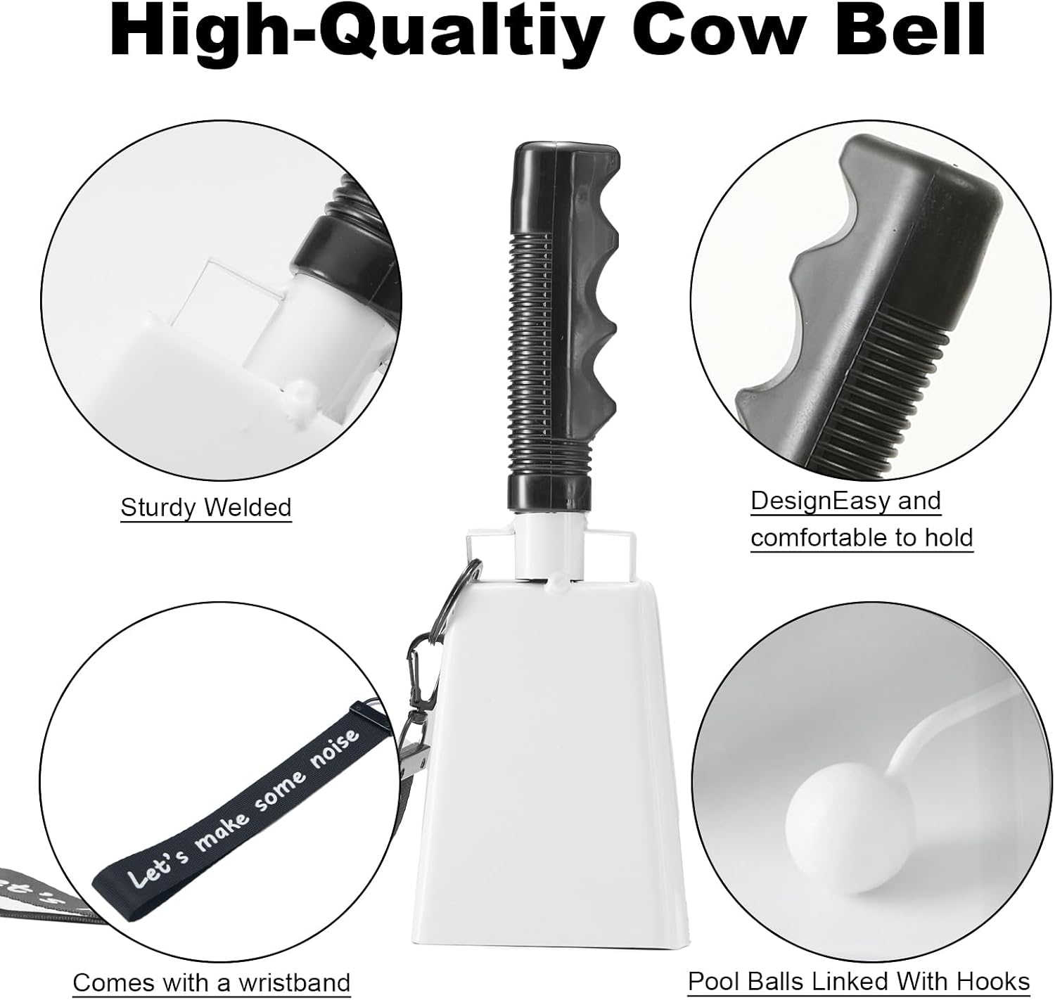 White Cowbells with Wrist Strap 2 Pack Metal Noise Makers for Sports Games