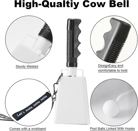 White Cowbells with Wrist Strap 2 Pack Metal Noise Makers for Sports Games