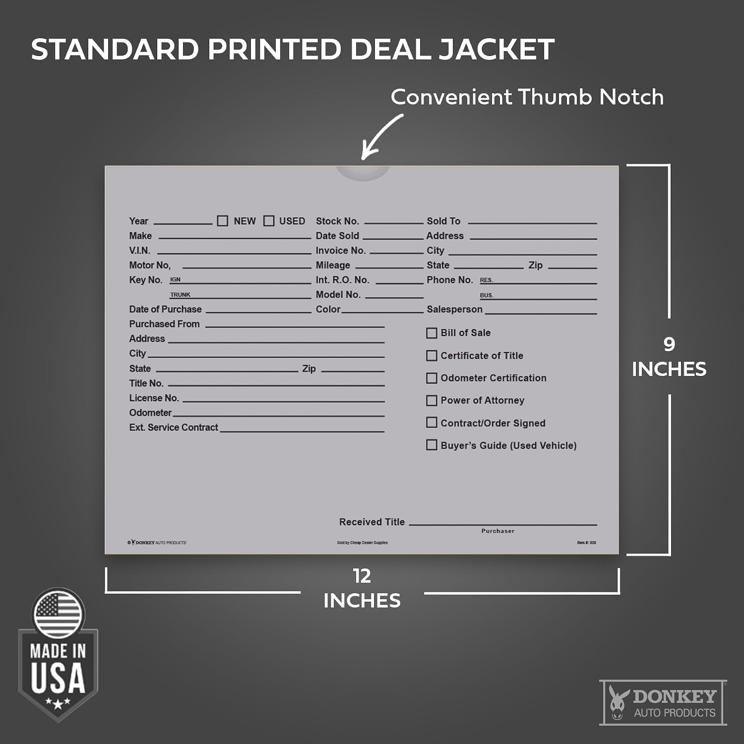 Printed Vehicle Deal Envelopes 9x12 Deal Jackets (100 shrink wrapped) (Gray)