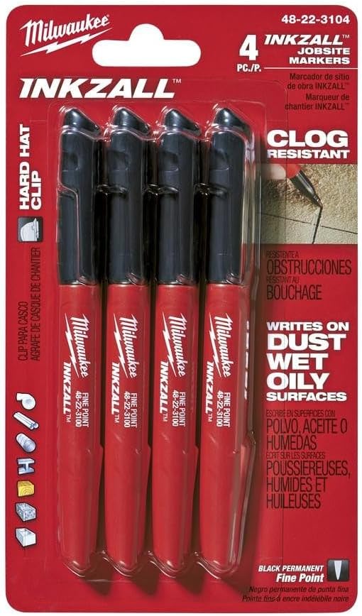 Milwaukee 48-22-3104 Inkzall Point Marker, Fine, Black, 4-Pack