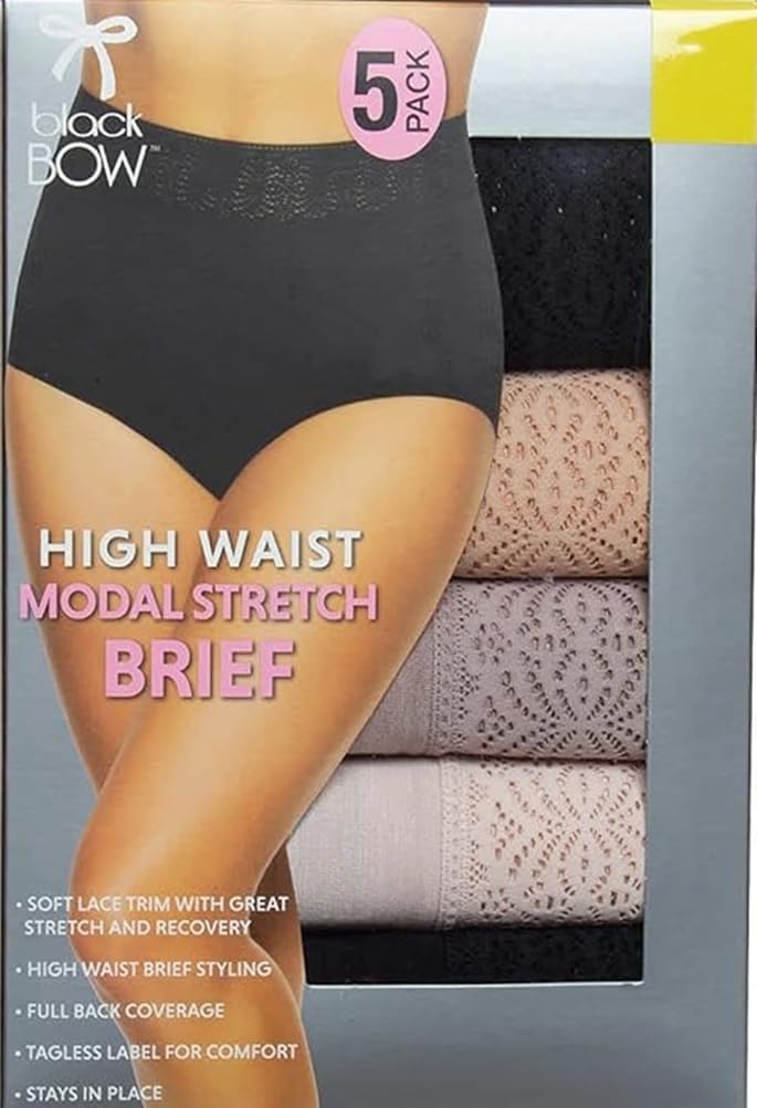 Black Bow Womens 5-Pack High Waist Brief with Lace (Black/Black/Warm Nude/Sphinx/Peach Blush, x_l)