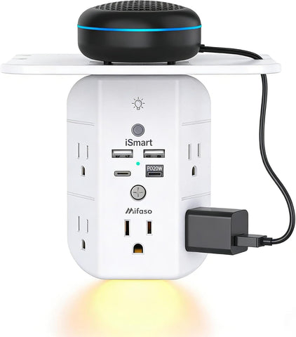 Mifaso PD20W Outlet Extender with Shelf & Night Light, Surge Protector
