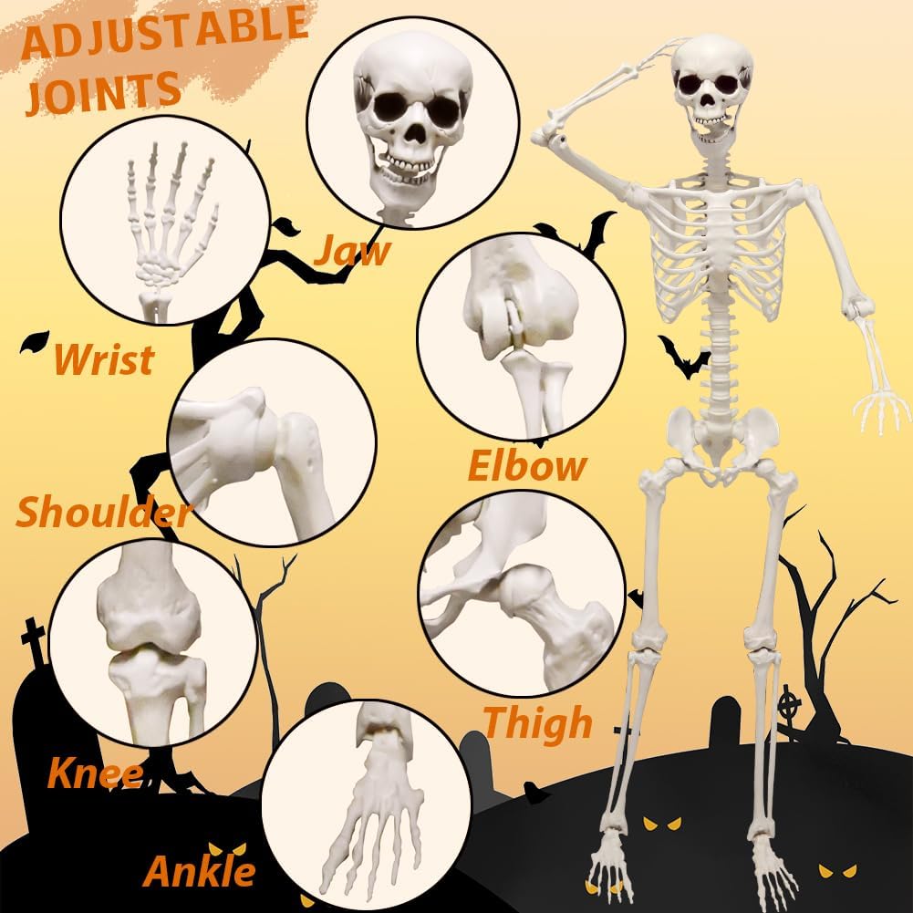 5.4ft Halloween Full Size Skeleton with Dog Cat for Haunted Party Decor
