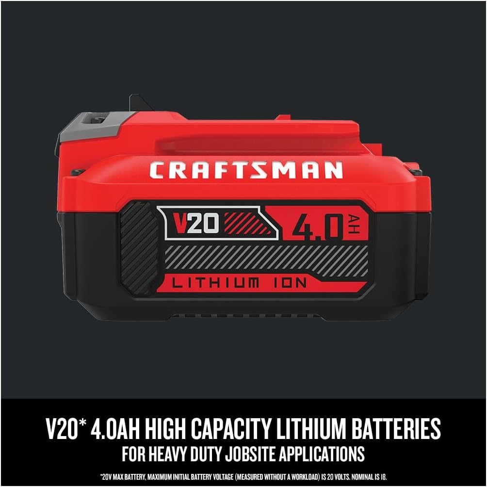 CRAFTSMAN V20 Battery and Charger, for Power Tool Kits and Outdoor Tools, 4.0 Ah, Lithium Ion Battery (CMCB204-CK)