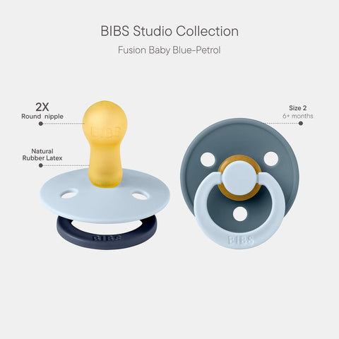 BIBS Colour Fusion Pacifier, 6-18 Months, 2-Pack, Round, Baby Blue/Petrol