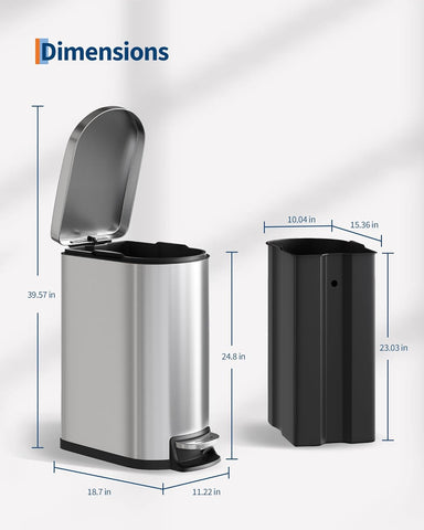 Garvee 13 gal / 50 L Stainless Steel Kitchen Trash Can with Lid, Slim Rustproof Garbage Can, Large Step-on Metal Trash Bin with Inner Bucket, Rear Handle, Soft Close Lid, Silver