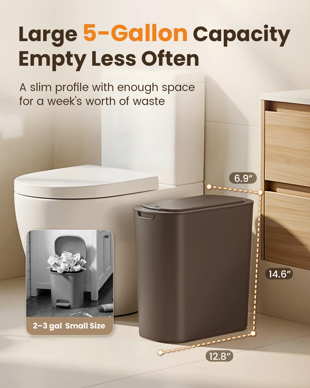 Cesun 5 Gallon Automatic Bathroom Trash Can with Lid, Brown, Touchless