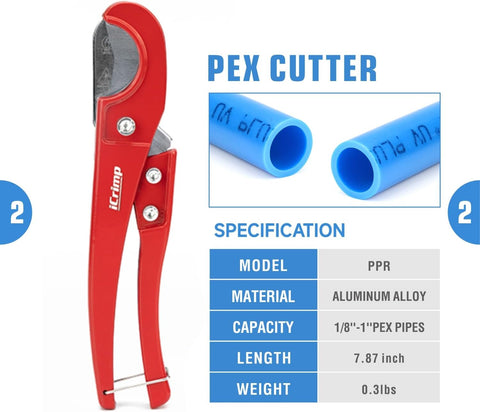iCrimp PEX Clamp Tool PEX Fitting Kit for Cinch and Removal 3/8-in, 1/2-in, 3/4-in, 1-in PEX Clamps, c/w 1/2''(20 Pack) PEX Clamp Rings, Brass PEX Crimp Fittings(12 Pack), PEX Tubing Cutter