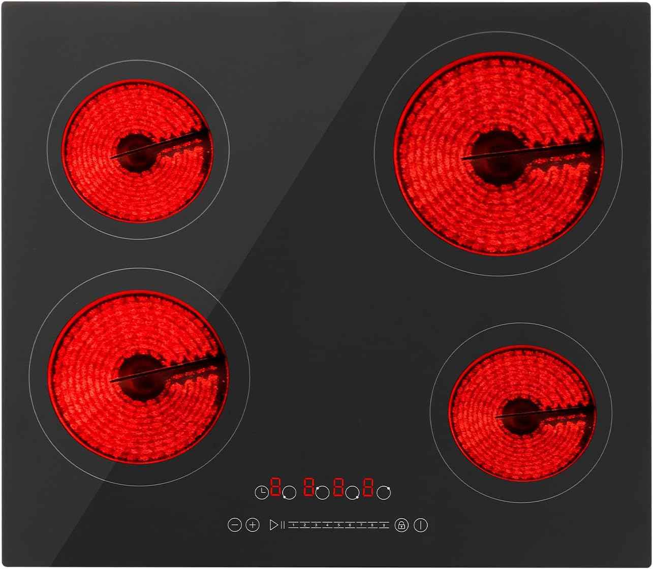 24 Inch Electric Cooktop, 4 Burners Built-in Electric Stove Top Hot Plate 3000W Drop-in Ceramic Cooktop Kitchen Stoves with Touch Control Safety Lock Timer 110-120v (Hard Wired No Plug)