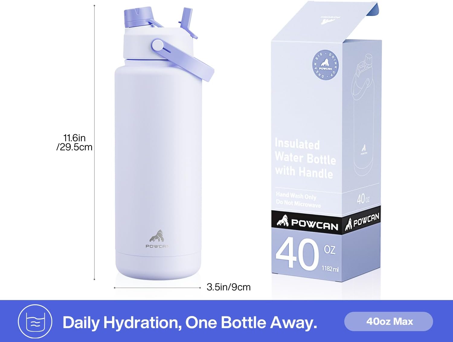 POWCAN 40 oz Insulated Water Bottle with 2-in-1 Straw and Spout Lid, Keep Cold 24H, Leak-Proof, BPA-Free, Double Wall Stainless Steel Water Bottle for Sports, Gym, Travel, and School (Lupine)