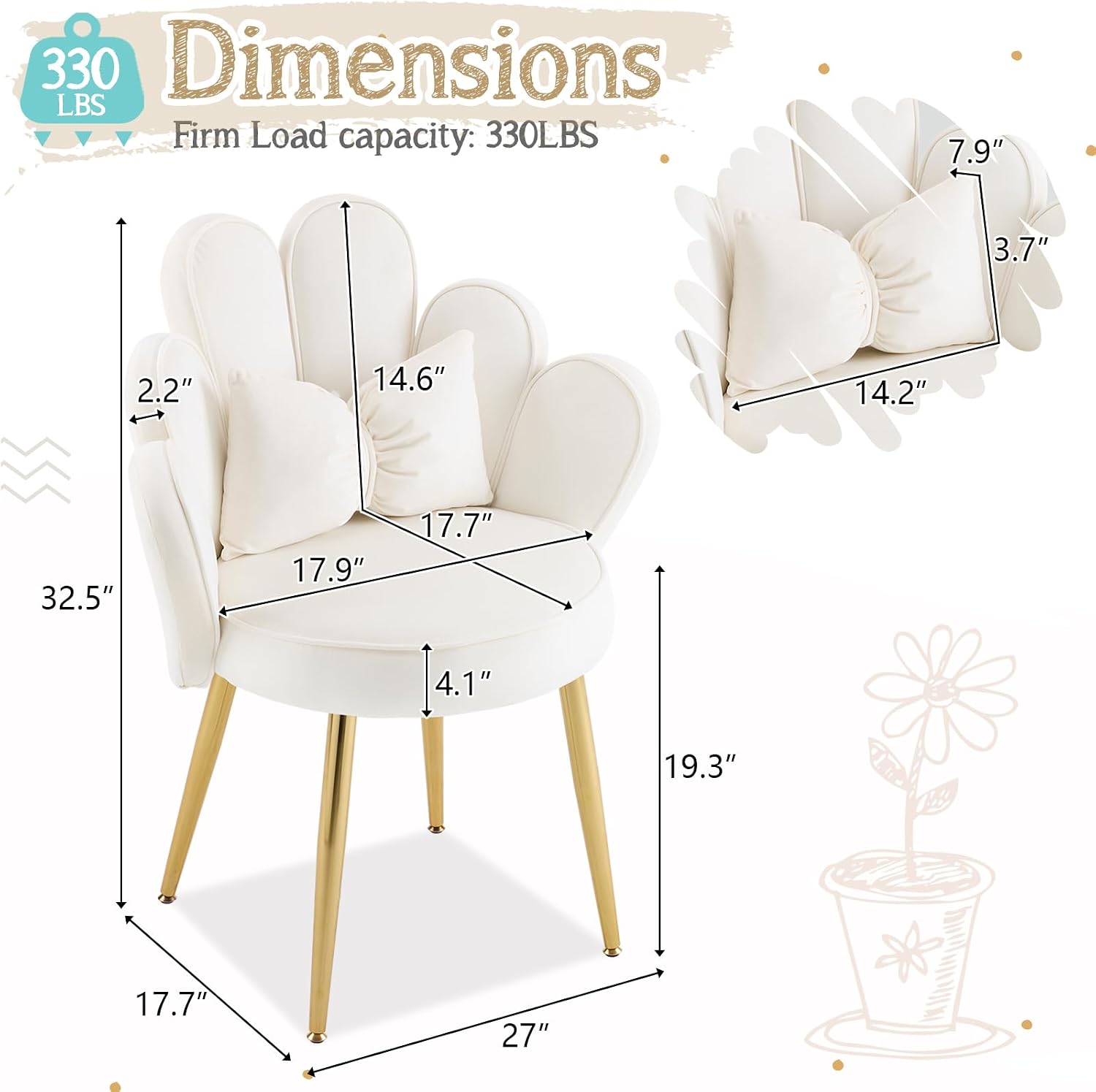 VINGLI Petal Makeup Vanity Chair with Back,Flower Cute Girls Desk Chair Comfy No Wheels,Modern Dining Chair,Small Accent Chair with Adustable Gold Legs&Bow Pillow for Home Office,Bedroom,Velvet,White