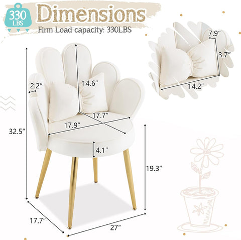 VINGLI Petal Makeup Vanity Chair with Back,Flower Cute Girls Desk Chair Comfy No Wheels,Modern Dining Chair,Small Accent Chair with Adustable Gold Legs&Bow Pillow for Home Office,Bedroom,Velvet,White