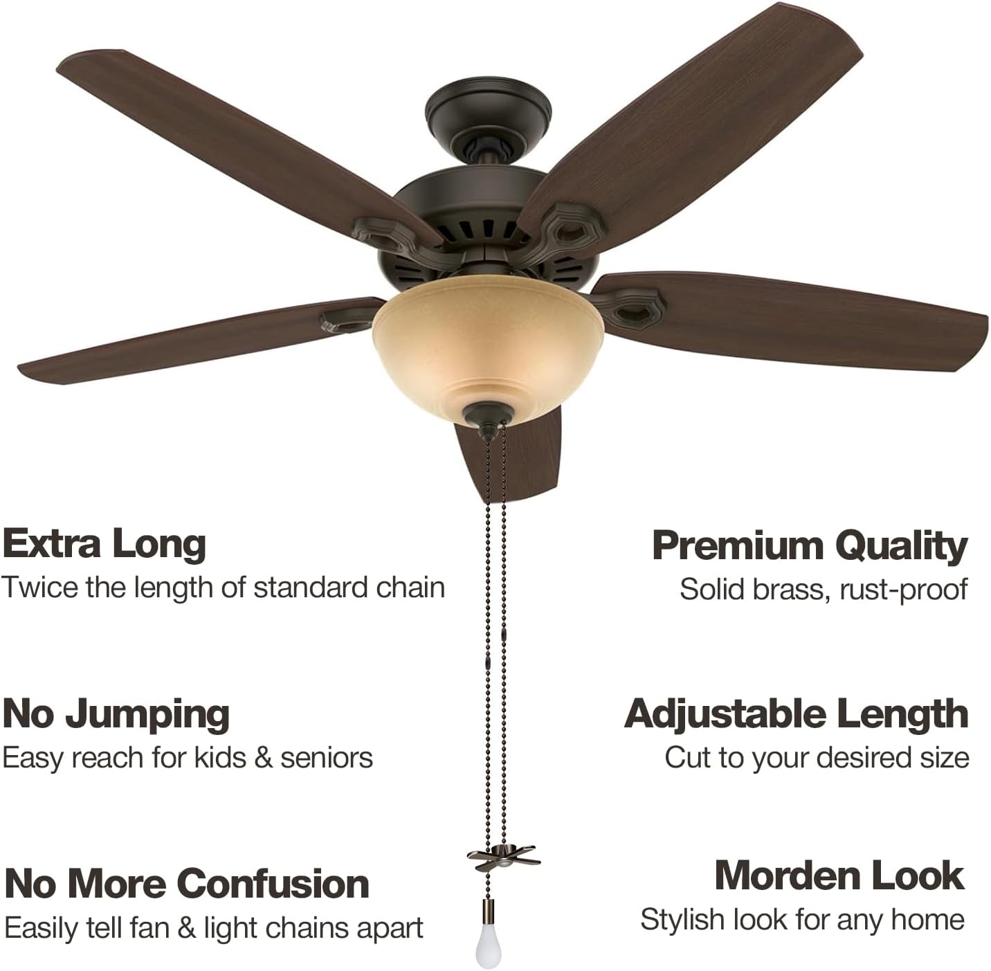 SmoTecQ Ultra Long Ceiling Fan Pull Chain Extender, Embedded with Decorative Frosted Glass Bulb and Fan Cord for 3mm Beaded Ceiling Fans and Light Fixtures (Bronze)