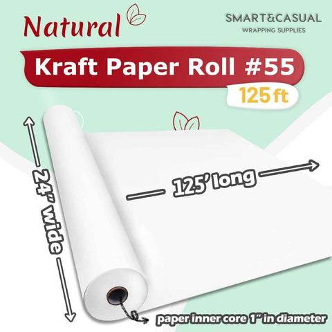SMART&CASUAL 24" x 1,500" (125') White Kraft Craft Paper Roll for Gift Wrapping Bulletin Board Bouquet Flower Art Packing Parcel Table Covering 80GSM 55LB (White, 24" x 125')