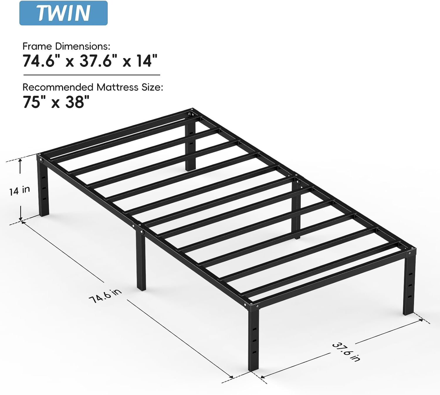 Twin Platform Bed Frame, Modern Metal Design with Underbed Storage Space