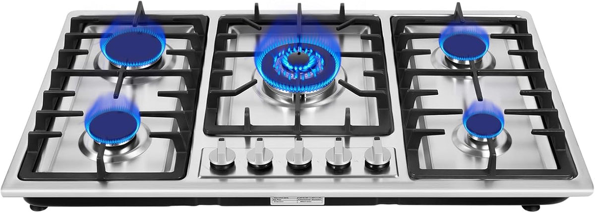 5 Burners Gas Cooktop, 34 inch Built-in Gas Stove Top Stainless Steel LPG/NG Countertop Hob Cooker for Home Hotel Restaurant
