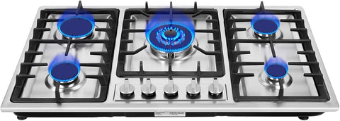 5 Burners Gas Cooktop, 34 inch Built-in Gas Stove Top Stainless Steel LPG/NG Countertop Hob Cooker for Home Hotel Restaurant