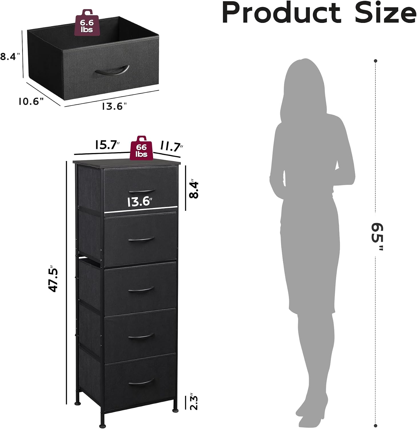 WLIVE Tall Dresser for Bedroom, 5 Drawer Dresser, Charcoal Black