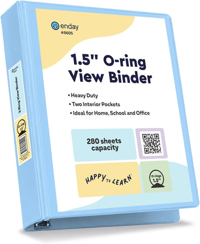Enday 1.5 Inch Binder, Blue - 1.5 Inch 3 Ring Binder, Round Ring Pastel with Clear View Cover for Letter Size 8.5 x 11'' Paper & 2 Inside Pockets, Ideal for School Supplies, Office, and Home